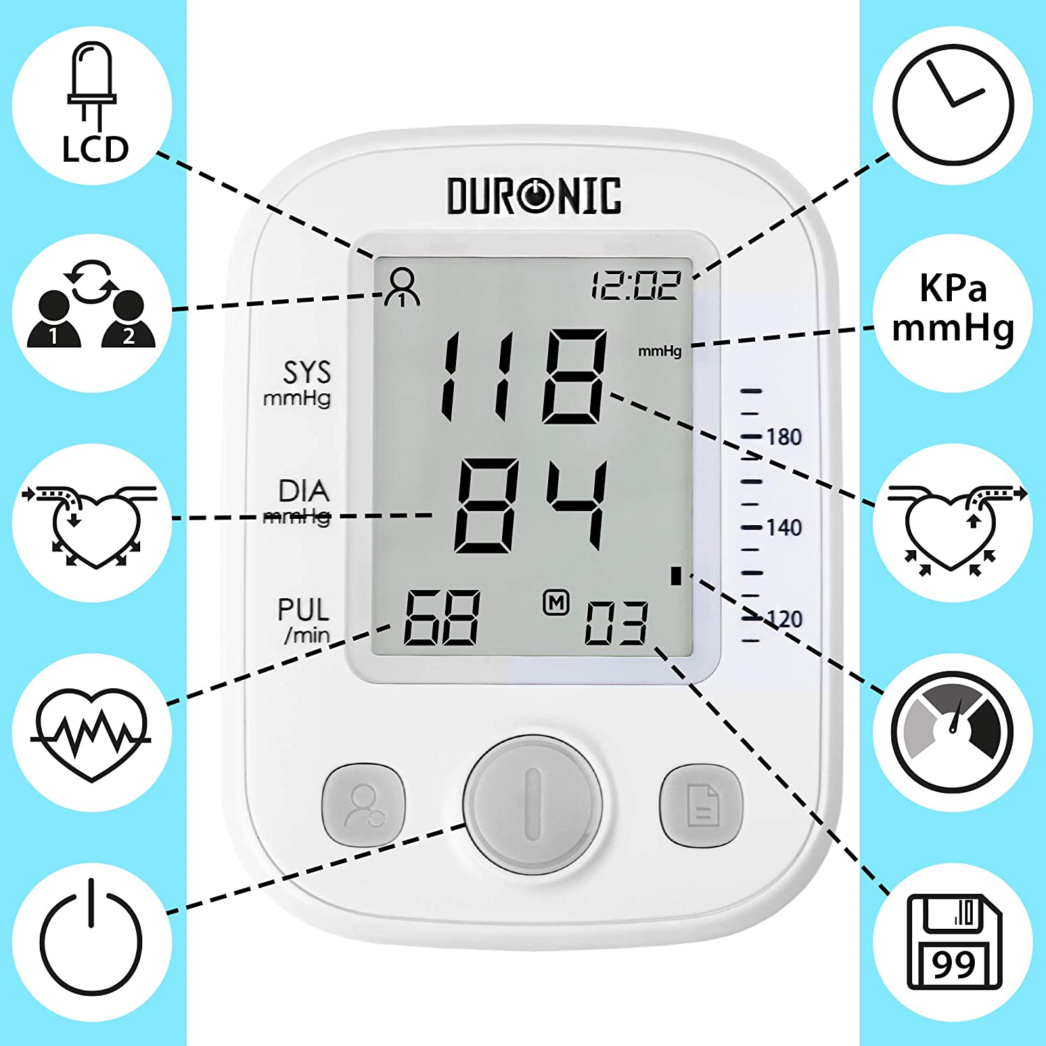 Duronic BPM200 Misuratore di pressione elettrico arteriosa da braccio | Manicotto da 22 a 42 cm | Ampio display LCD | Rilevatore automatico per pressione sanguigna digitale | Frequenza cardiaca