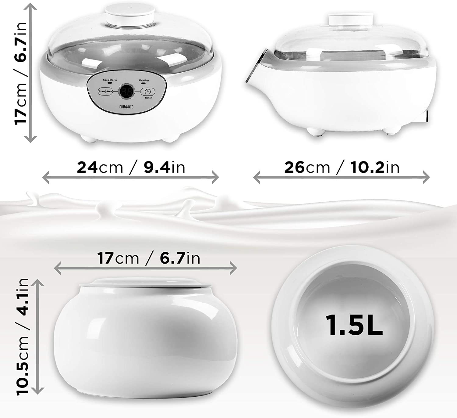 Duronic YM1 Yogurtiera elettrica automatica  1 vasetto in ceramica da 1.5 litri - Macchina per yogurt con display digitale timer impostabile - Ideale per preparare yogurt fatti in casa