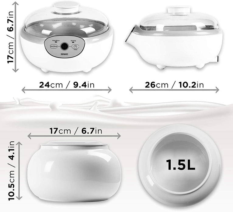 Duronic YM1 Yogurtiera elettrica automatica – 1 vasetto in ceramica da 1.5 litri - Macchina per yogurt con display digitale timer impostabile - Ideale per preparare yogurt fatti in casa