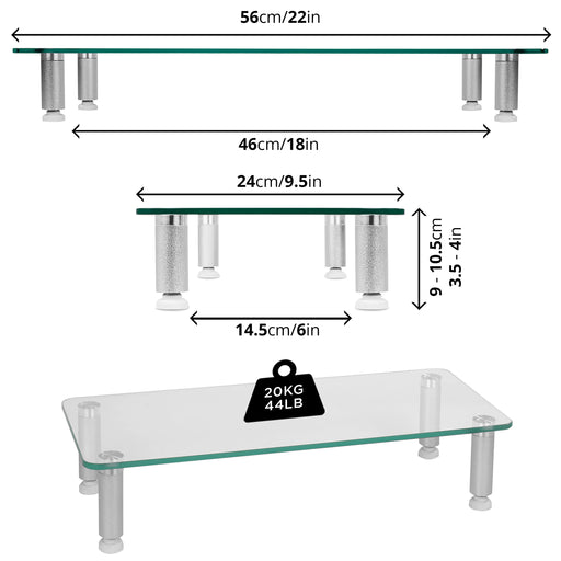 Duronic DM052-1 Supporto monitor scrivania dimensioni 56 x 24 cm - Supporto da tavolo regolabile per monitor e Laptop - Vetro temperato - Capacità 20kg - Mensola ergonomica per scrivania
