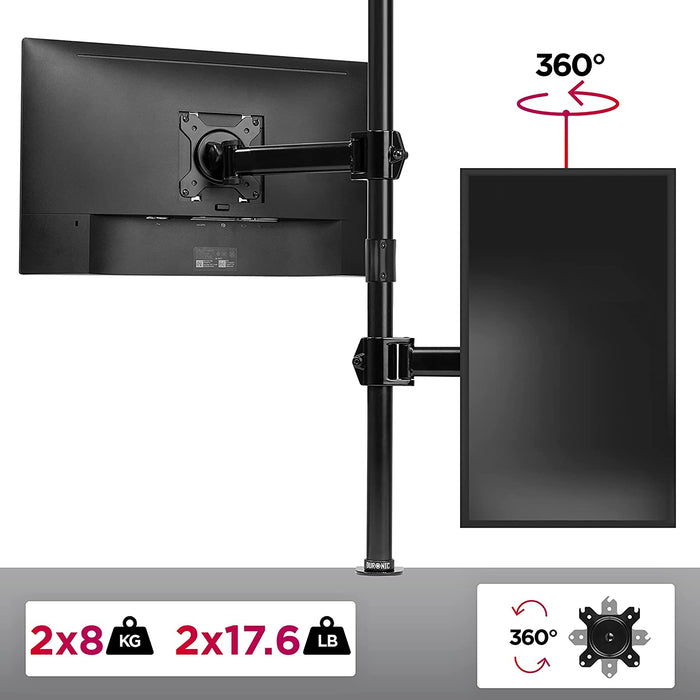 Duronic DMT252VX1 BK Supporto da scrivania per monitor 13"-32" | Per 2 schermi fino a 8kg | Altezza regolabile | Staffa da 100 cm | Inclinazione +90°/-35°, rotazione 180°, rotazione 360°| VESA 75/100