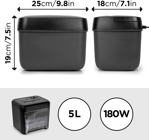 Duronic PS285 Mini Distruggidocumenti | 3 x A4 piegati | Capacità 5 L | Micro frammenti elettrico 180 W | Per casa e ufficio | Distruggi documenti per scrivania | Cestino rimovibile