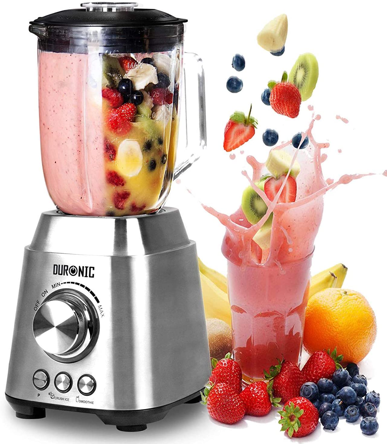 Duronic BL102 Frullatore elettrico 1000W con caraffa in vetro 1,5L e 4 lame | 3 Funzioni e velocità variabile | Blender con funzione tritaghiaccio | Mixer Smoothie Frullati Granite Cocktail Gaspachos