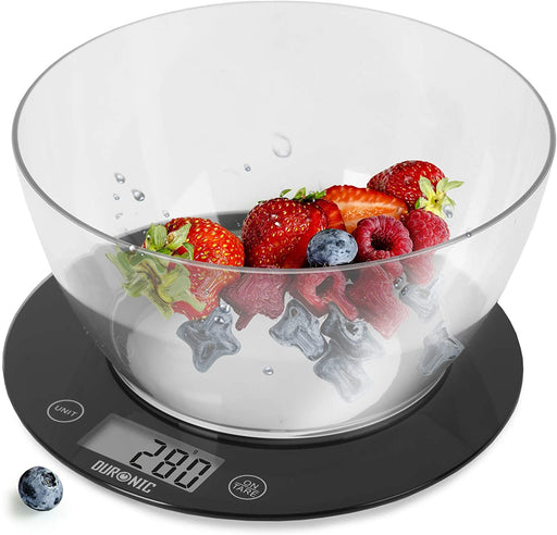 Duronic KS7000 Bilancia da cucina - Bilancia ad alta precisione con display digitale - Portata 1g / 10 kg con ciotola da 2L - Piattaforma nera e trasparente - Funzione Tara