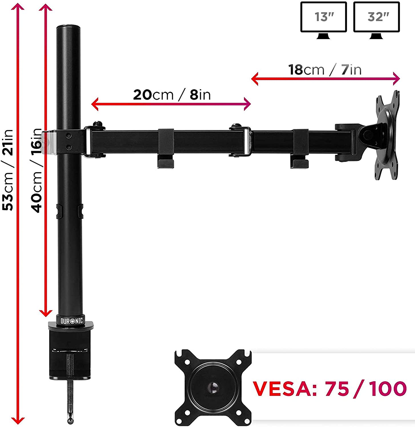 Duronic DM151X3 BK Supporto da scrivania per monitor 1332 | 8 kg con braccio estensore | Altezza regolabile | Inclinazione -15°/+15°, rotazione 180°, rotazione 360°| VESA 75/100