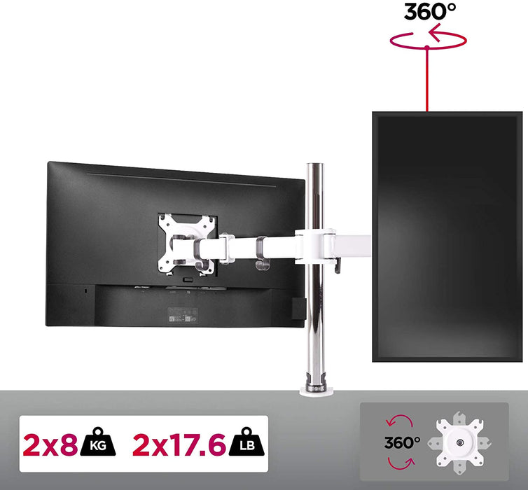 Duronic DM252 WE Supporto doppio Monitor PC montaggio da scrivania - Altezza Regolabile - Inclinabile/Girevole - Staffa a 2 Braccia e Morsetto da Ufficio - Compatibile con schermi LCD/LED - VESA 100