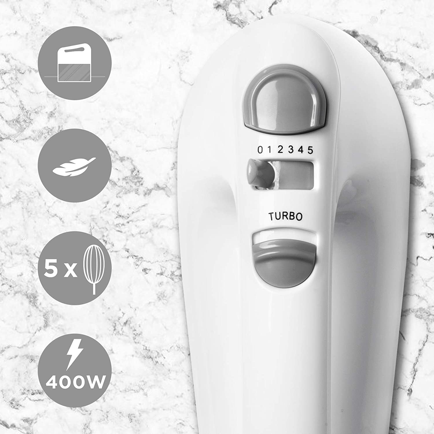 Duronic HM4 WE Sbattitore elettrico 400 W | 5 velocità e funzione turbo | Frusta elettrica con contenitore per accessori | 2 sbattitori 2 ganci e 1 frusta in acciaio INOX | Bianco | Leggero