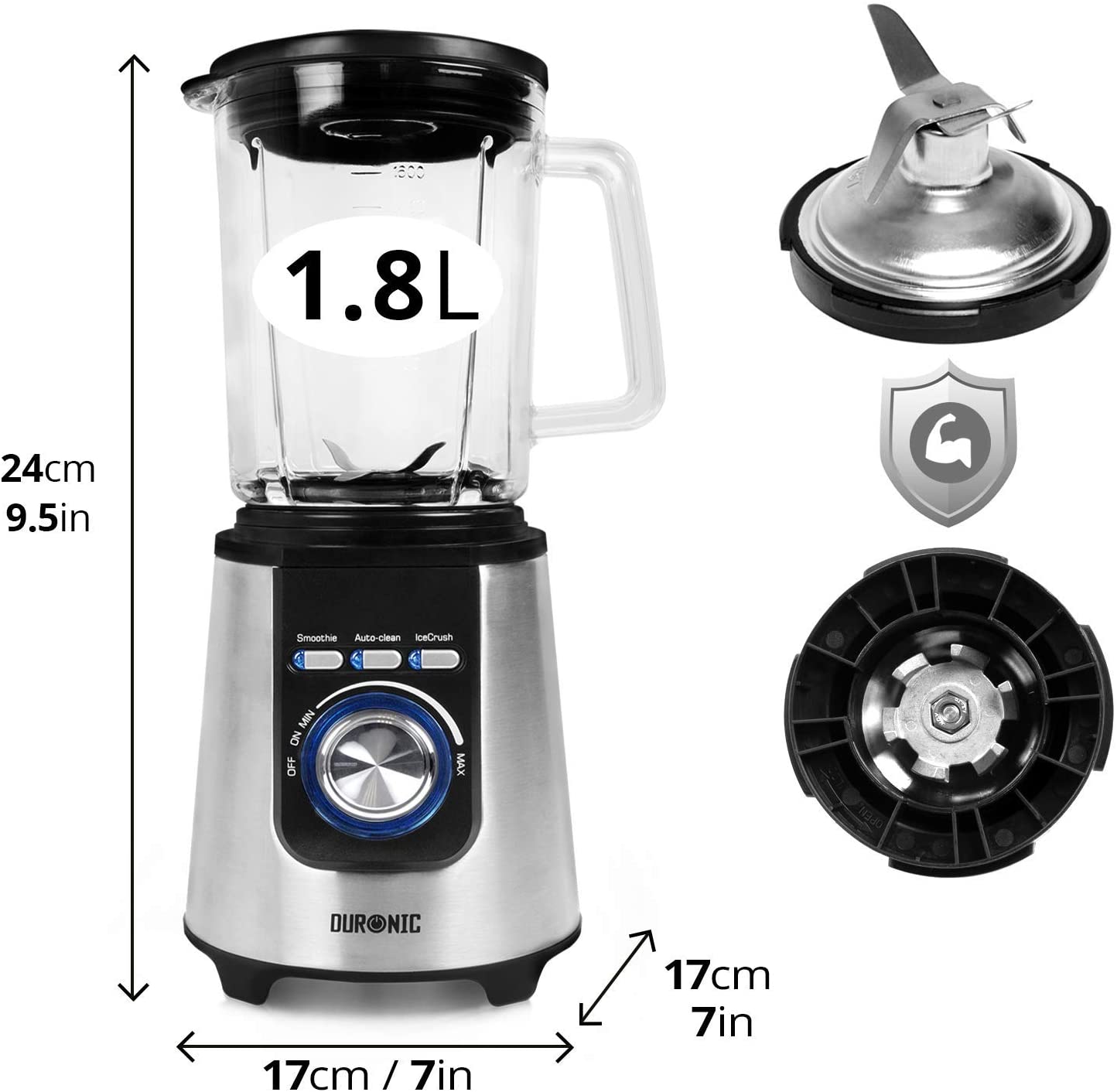 Duronic BL1200T Frullatore elettrico 1200W con caraffa in tritan 1,8L e 4 lame | 3 Funzioni e velocità variabile | Blender con funzione tritaghiaccio e auto pulizia | Mixer Smoothie Frullati Granite