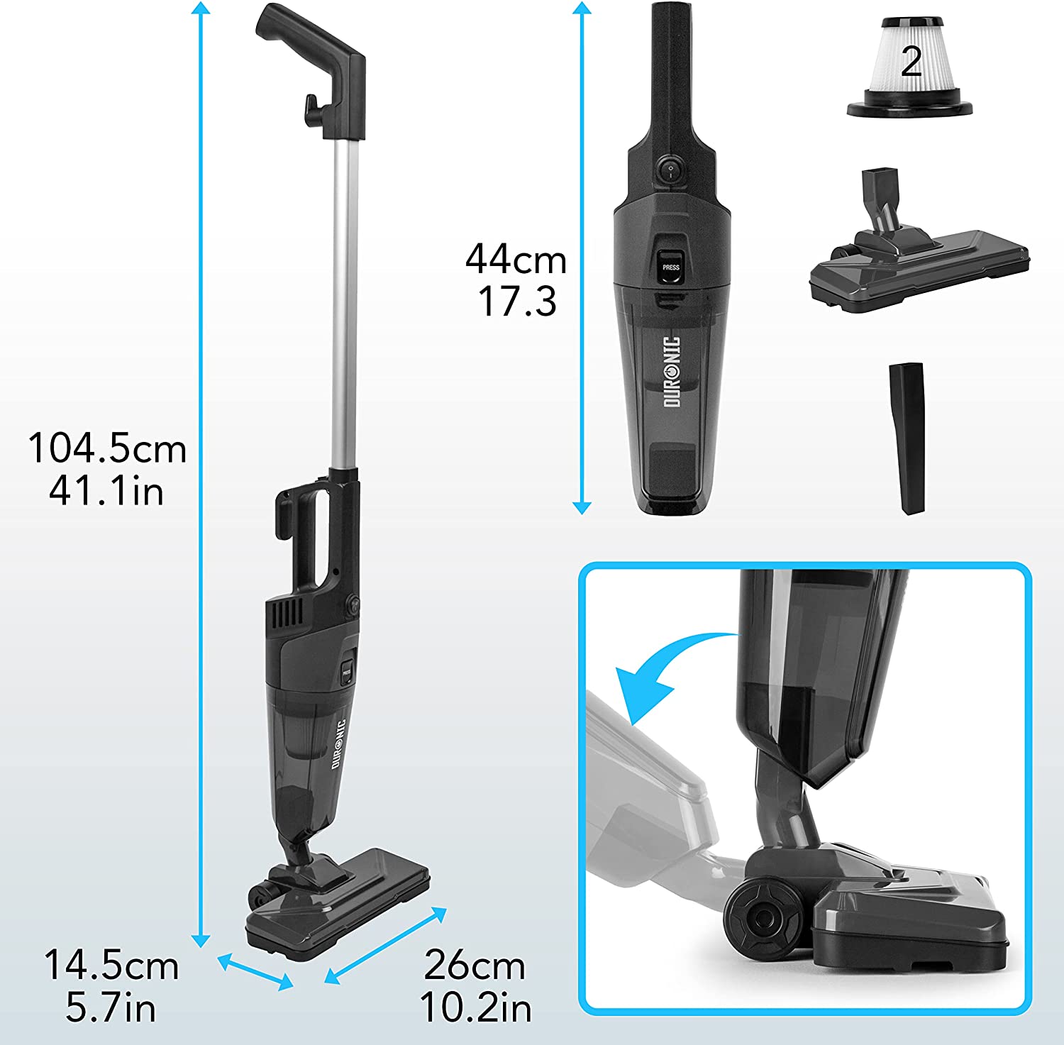 Duronic VC9 Scopa Elettrica 600W | Aspirapolvere verticale 2 in 1 senza sacco | Aspirapolvere e aspirabriciole con 2 filtri HEPA | Accessori inclusi | Ideale per ufficio e casa | Leggera
