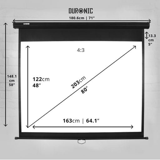 Duronic MPS80 4:3 Telo Proiettore 80 pollici, Schermo per proiettore, Telo da proiezione interno esterno, Home theater cinema Full HD 3D 4K, Schermo di proiezione anti pieghe per casa ufficio scuola