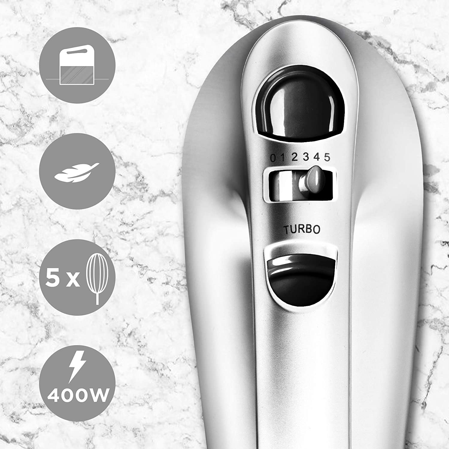 Duronic HM4 SR Sbattitore elettrico 400 W | 5 velocità e funzione turbo | Frusta elettrica con contenitore per accessori | 2 sbattitori 2 ganci e 1 frusta in acciaio INOX | Argento | Leggero