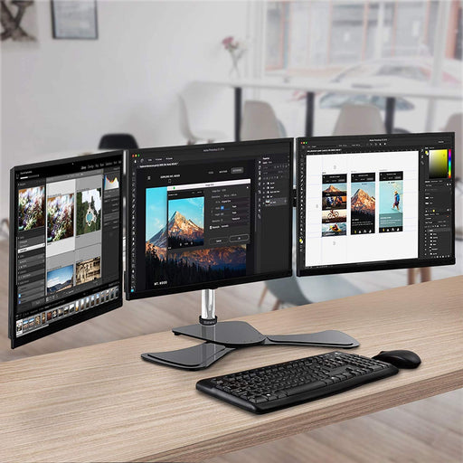 Duronic DM753 Supporto per 3 monitor - Base in acciaio per schermi fino a 24" - Altezza regolabile - Guida in alluminio per schermi fino a 8 kg - Inclinazione +/-15° - Rotazione schermi 360°