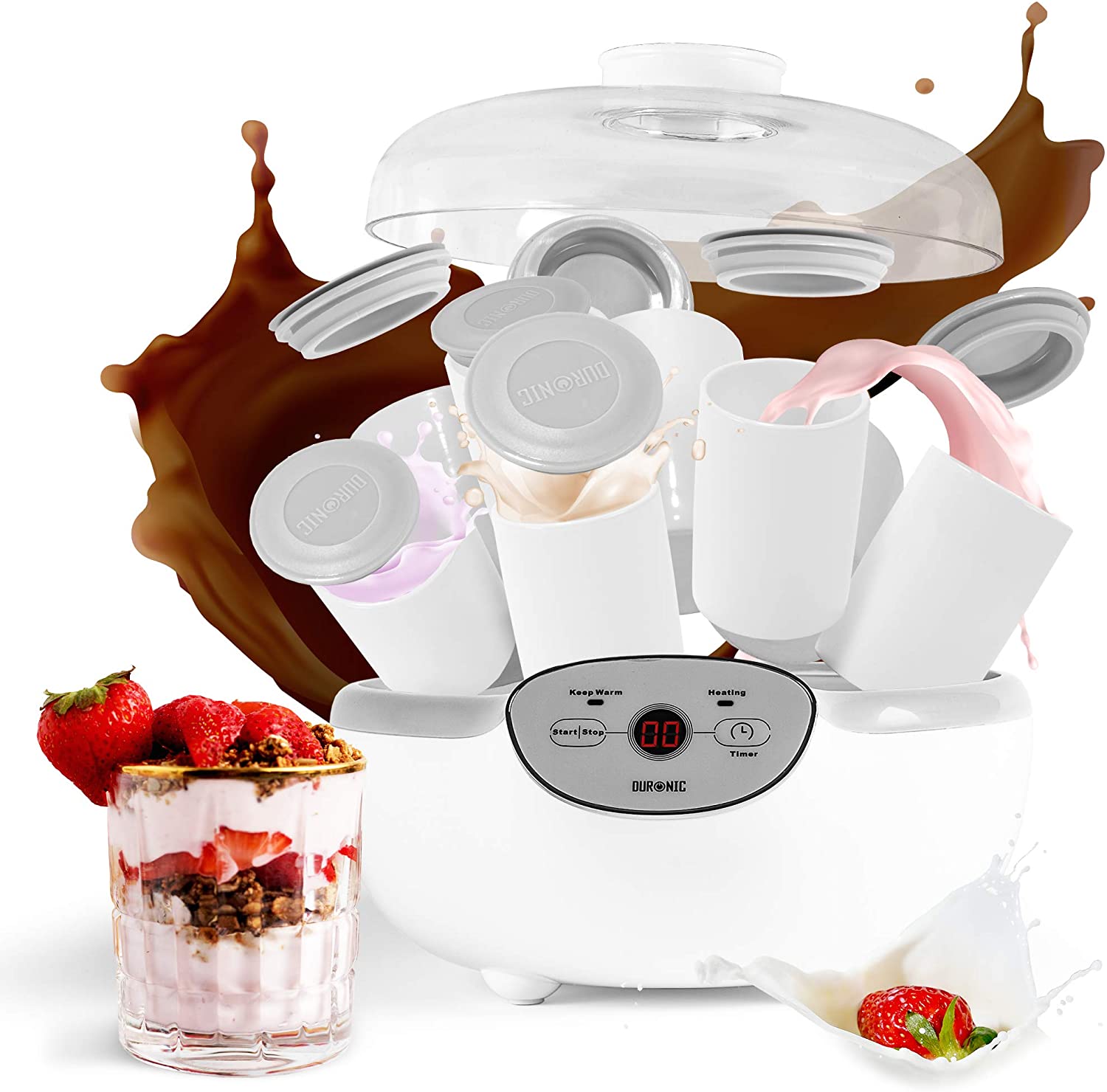 Duronic YM2 Yogurtiera elettrica automatica  8 vasetti in ceramica da 125 ml - Macchina per yogurt con display digitale timer impostabile - Ideale per preparare yogurt fatti in casa