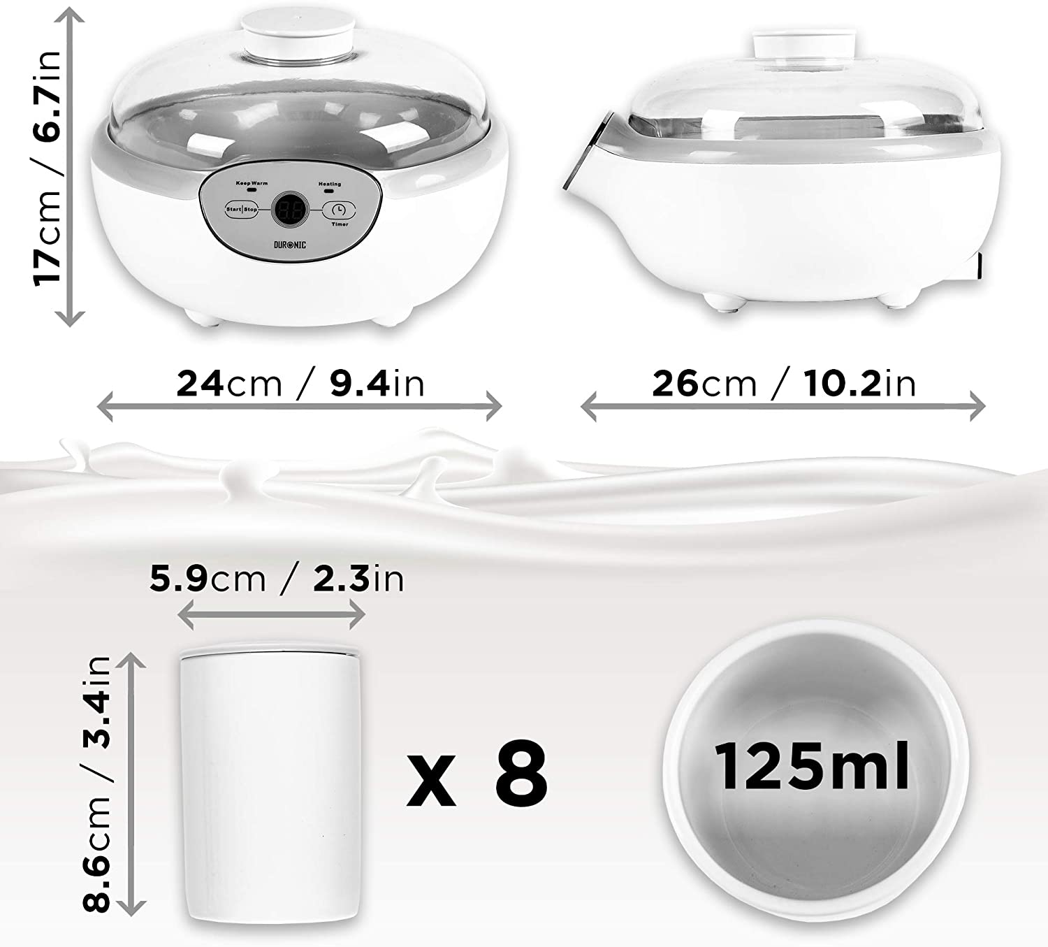 Duronic YM2 Yogurtiera elettrica automatica – 8 vasetti in ceramica da 125 ml - Macchina per yogurt con display digitale timer impostabile - Ideale per preparare yogurt fatti in casa
