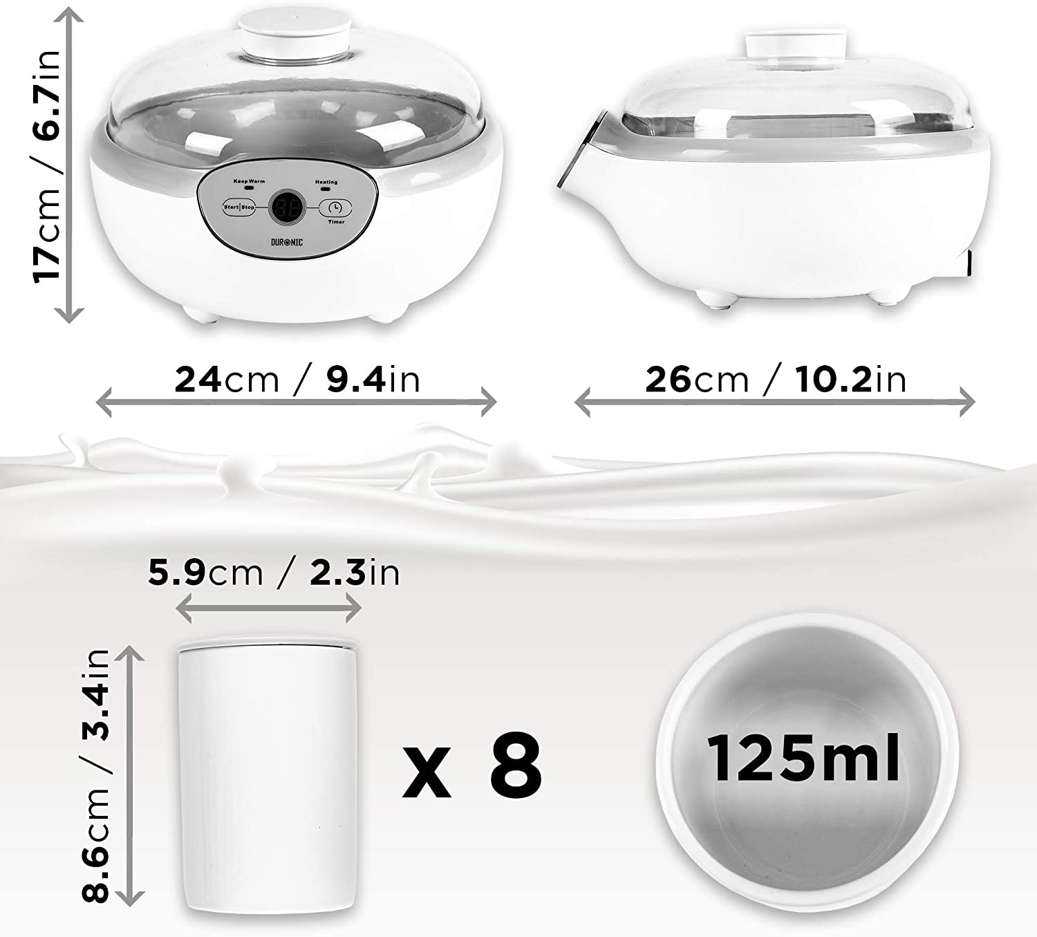 Duronic YM2 Yogurtiera elettrica automatica  8 vasetti in ceramica da 125 ml - Macchina per yogurt con display digitale timer impostabile - Ideale per preparare yogurt fatti in casa