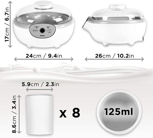 Duronic YM2 Yogurtiera elettrica automatica  8 vasetti in ceramica da 125 ml - Macchina per yogurt con display digitale timer impostabile - Ideale per preparare yogurt fatti in casa