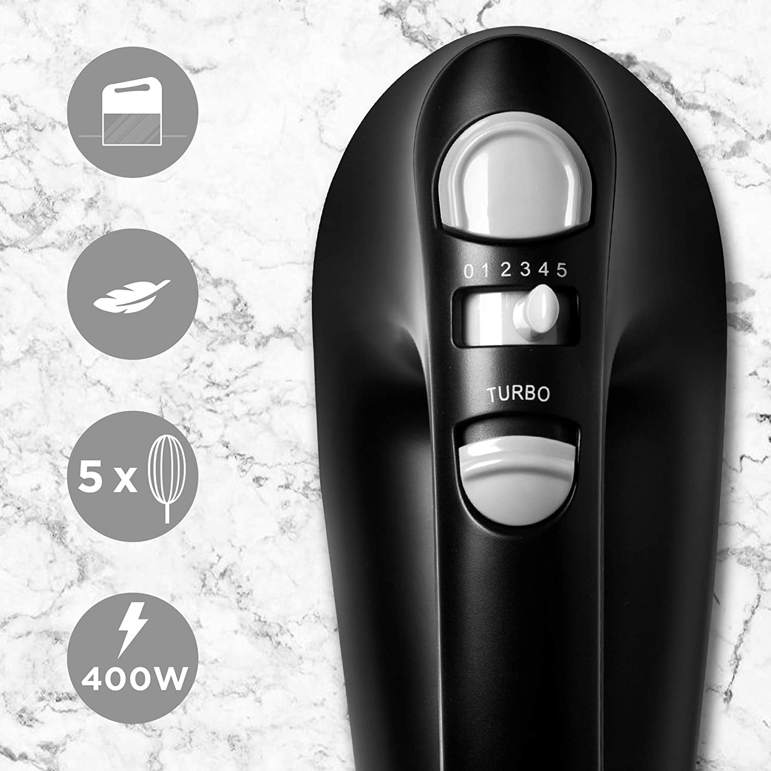 Duronic HM4 BK Sbattitore elettrico 400 W | 5 velocità e funzione turbo | Frusta elettrica con contenitore per accessori | 2 sbattitori 2 ganci e 1 frusta in acciaio INOX | Nero | Leggero confortevole