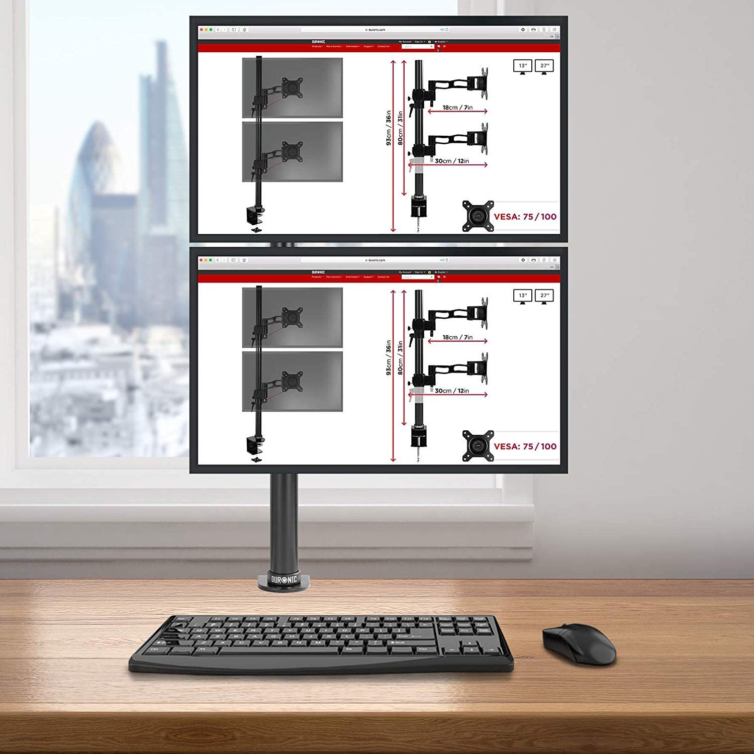 Duronic DM35V2X1 Doppio Supporto verticale 2 monitor da scrivania con morsetto – Lunghezza staffa 80cm – Altezza regolabile e orientabile – Compatibilità universale con schermi TV monitor con VESA 100*100