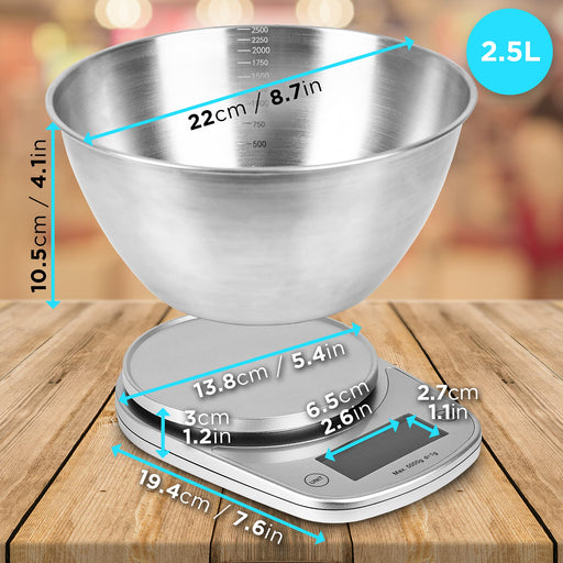 Duronic KS5000 SR/SS Bilancia da cucina digitale | Portata da 1g a 5kg | Ciotola in acciaio INOX 2,5L | Grande display retroilluminato | Funzione Tara | Bilancia ad alta precisione argento