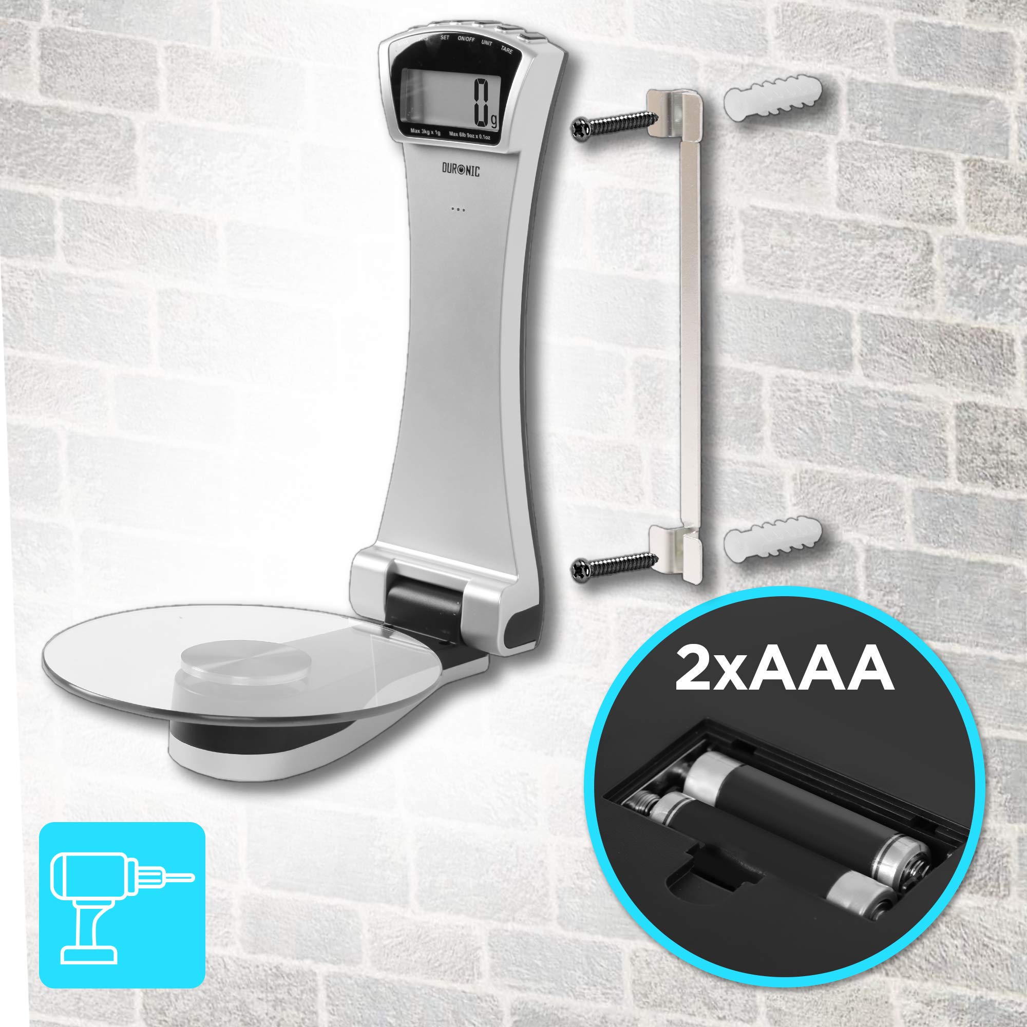 Duronic KS4000 Bilancia da cucina elettronica da muro - Bilancia ad alta precisione con piattaforma in vetro - Portata 1g / 3 kg - Funzione tara - Ideale per cucina e pasticceria