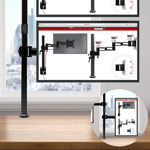 Duronic DMT252VX2 BK Supporto da scrivania per monitor 13"-32" | Per 2 schermi fino a 8kg | Altezza regolabile | Staffa da 100 cm | Inclinazione +90°/-35°, rotazione 180°, rotazione 360°| VESA 75/100