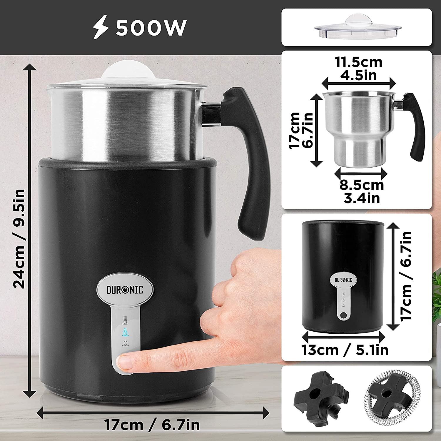 Duronic MF500 BK Montalatte elettrico 3 in 1 - Schiumalatte automatico 500 ml - Scaldalatte 500W - Facile da usare e pulire - Ideale per caffè, cioccolata calda, cappuccino, latte