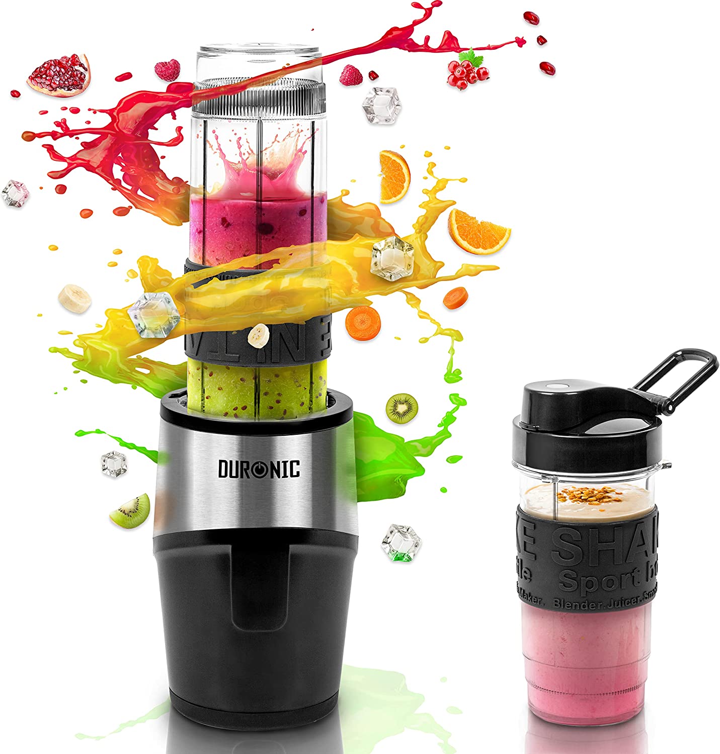 Duronic BL520 Frullatore elettrico 500W | Mini Frullatore con 2 borracce da 570ml e 400ml senza BPA | Mini blender compatto portatile | Frullatore per smoothies, cocktail, cibo per bebé, frullati