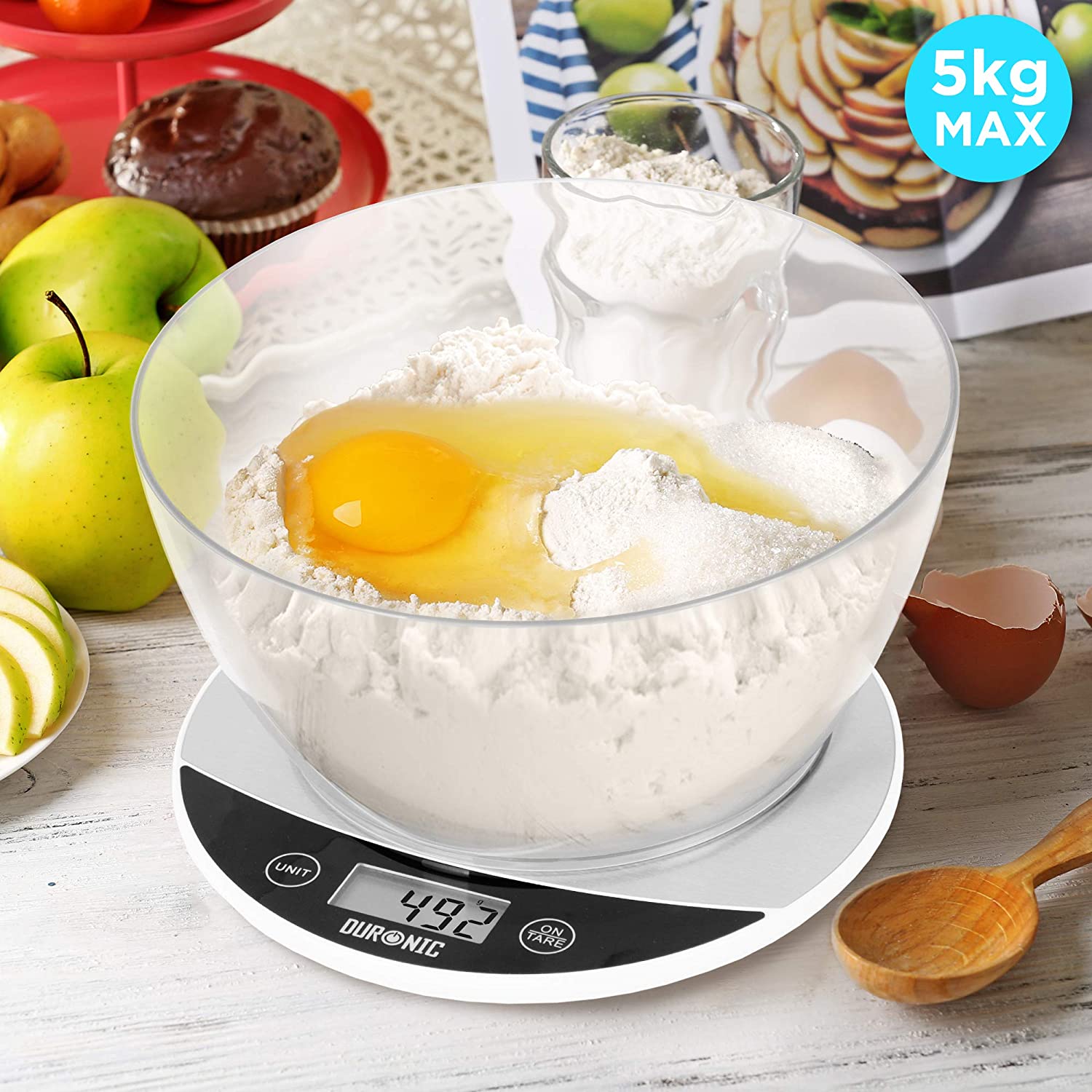 Duronic KS3000 Bilancia da cucina display digitale - Bilancia ad alta precisione - Portata 1g / 5 kg con ciotola da 2L - Piattaforma argento e bianca - Funzione Tara - Per cucina e pasticceria