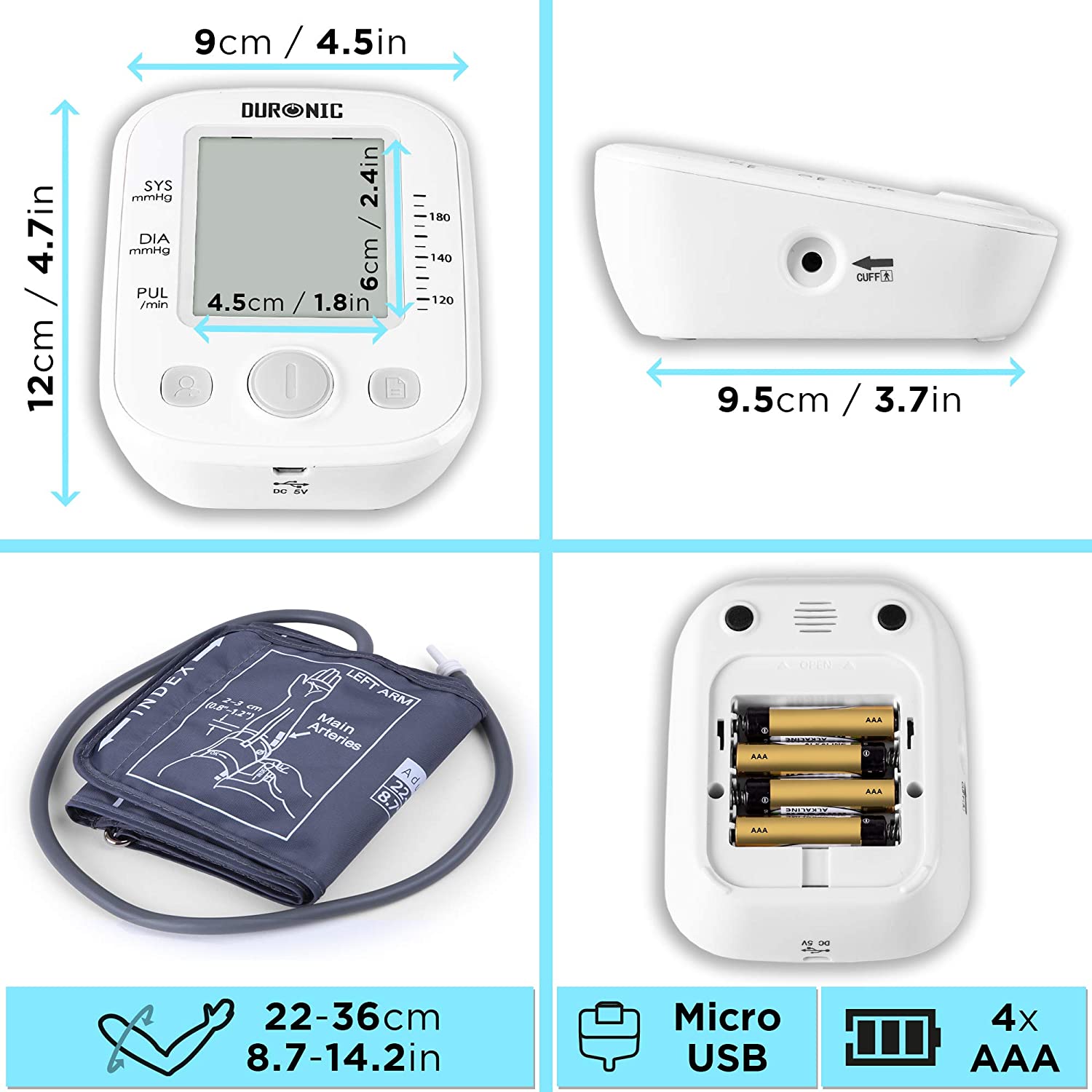 Duronic BPM200 Misuratore di pressione elettrico arteriosa da braccio | Manicotto da 22 a 42 cm | Ampio display LCD | Rilevatore automatico per pressione sanguigna digitale | Frequenza cardiaca