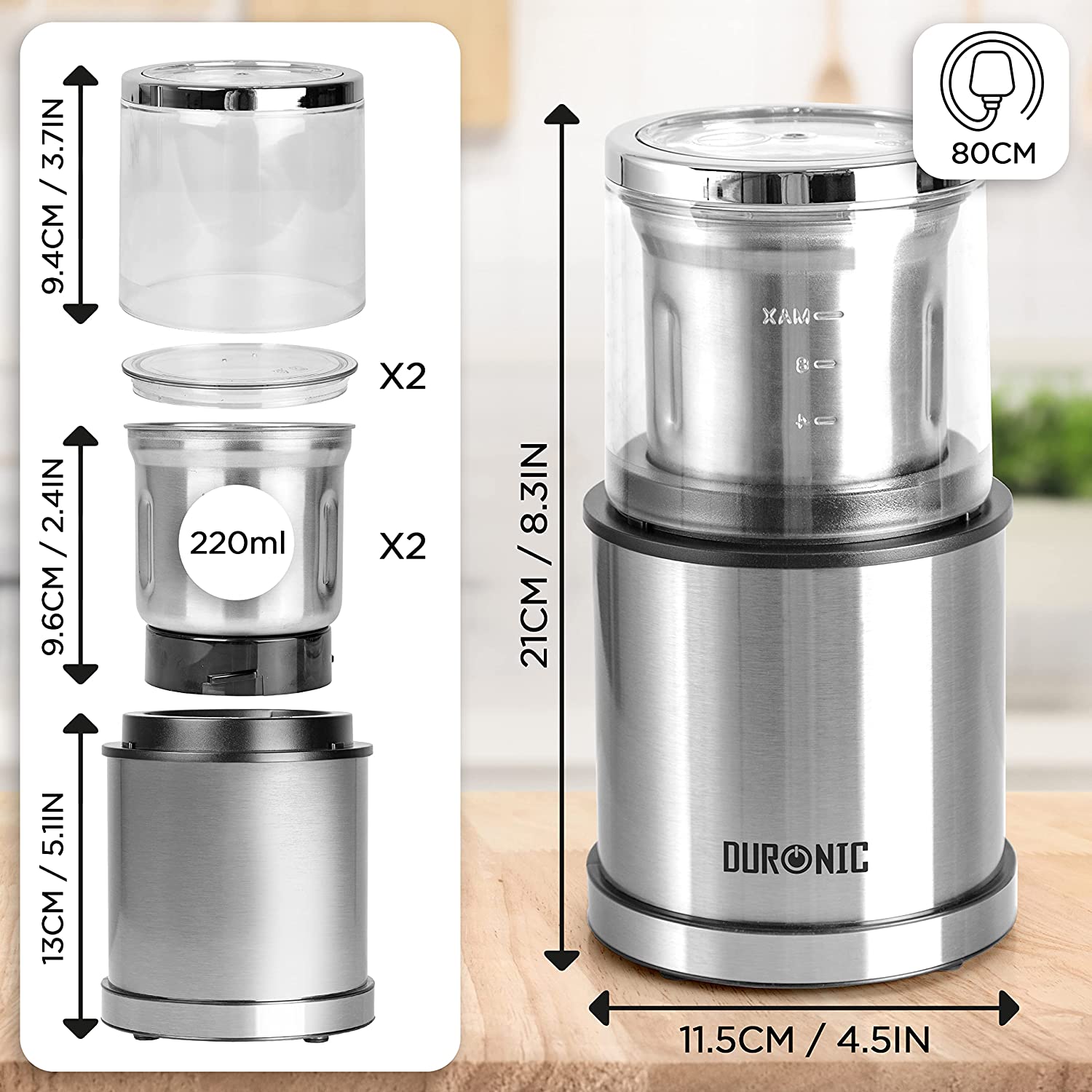 Duronic CG421 Macinacaffè Elettrico 200W 2 in 1 | 2 contenitori rimovibili 75g o 220 ml | 2 Lame per ingredienti umidi o secchi | Facile da pulire | Mini tritatutto | Macina caffè Spezie Frutta secca