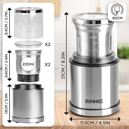 Duronic CG421 Macinacaffè Elettrico 200W 2 in 1 | 2 contenitori rimovibili 75g o 220 ml | 2 Lame per ingredienti umidi o secchi | Facile da pulire | Mini tritatutto | Macina caffè Spezie Frutta secca