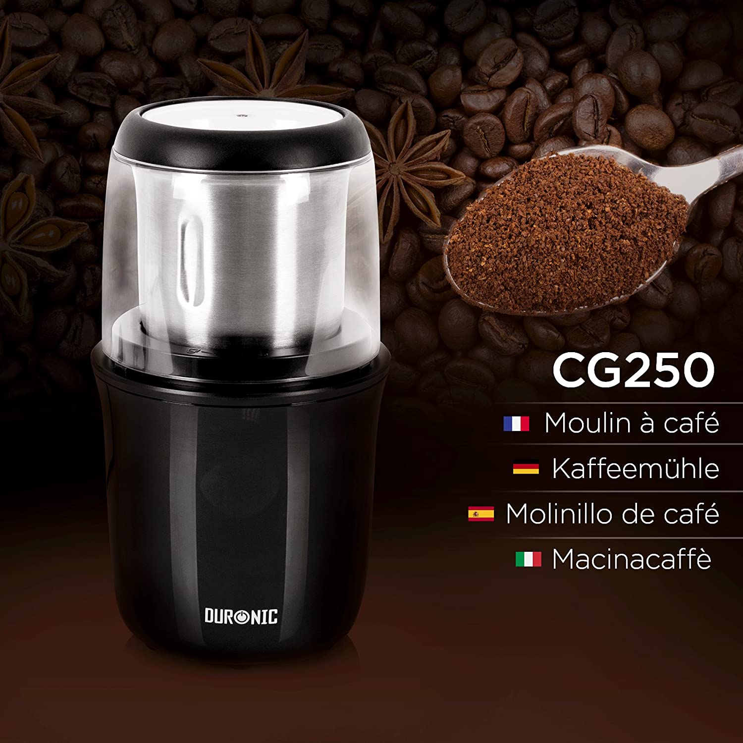 Duronic CG250 Macinacaffè Elettrico 250W - Lame in acciaio - Contenitore rimovibile in acciaio 75g - Macinino per spezie e caffè - Facile da pulire - Per caffè, spezie, erbe, frutta secca, zucchero