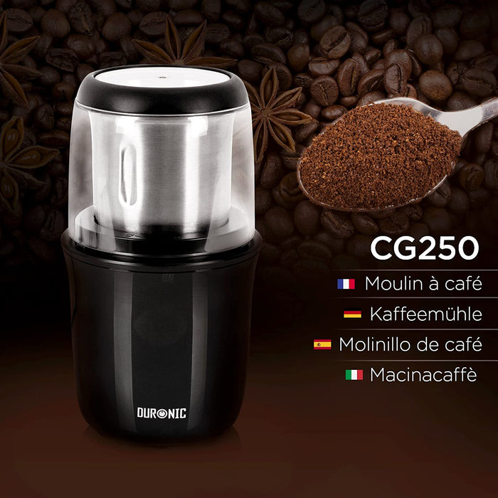 Duronic CG250 Macinacaffè Elettrico 250 W - Lame in acciaio - Contenitore rimovibile in acciaio 75 g - Macinino per spezie e caffè - Facile da pulire - Per caffè, spezie, erbe, frutta secca, zucchero