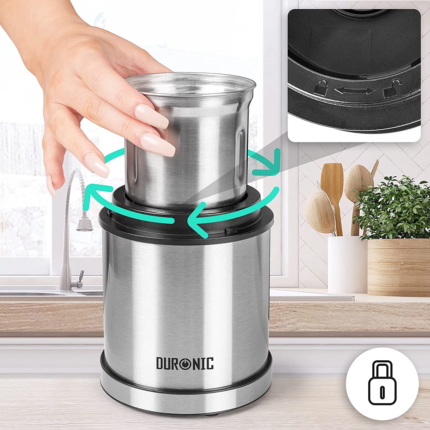 Duronic CG421 Macinacaffè Elettrico 200W 2 in 1 | 2 contenitori rimovibili 75g o 220 ml | 2 Lame per ingredienti umidi o secchi | Facile da pulire | Mini tritatutto | Macina caffè Spezie Frutta secca