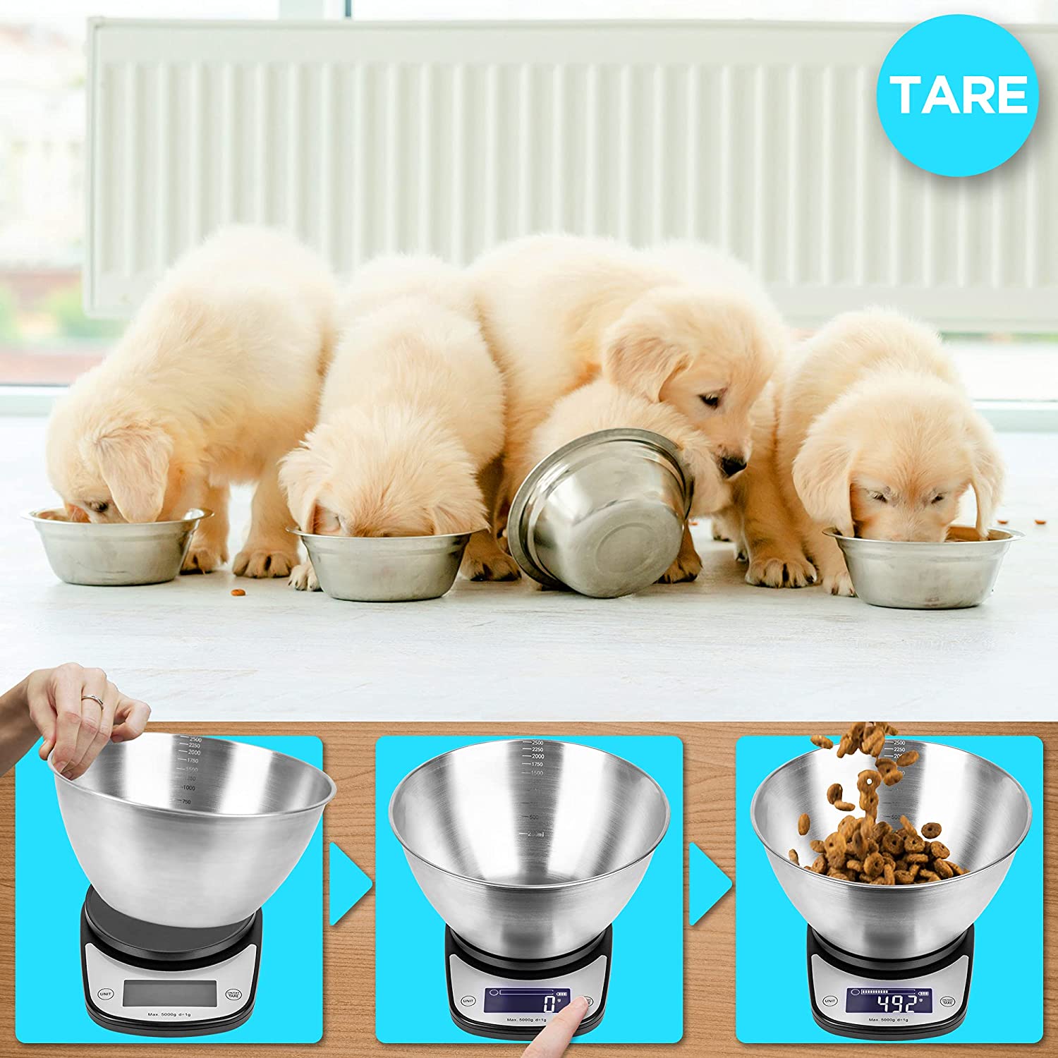 Duronic KS5000 BK/SS Bilancia da cucina digitale | Portata da 1g a 5kg | Ciotola in acciaio INOX 2,5L | Grande display retroilluminato | Funzione Tara | Bilancia ad alta precisione nera