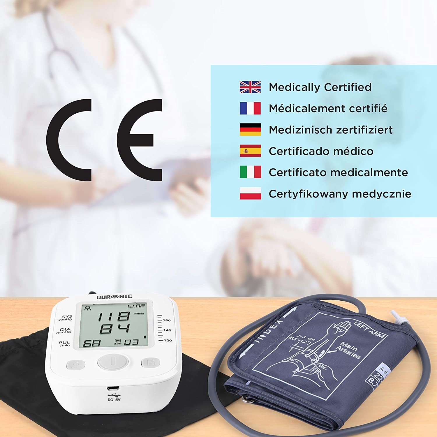Duronic BPM200 Misuratore di pressione elettrico arteriosa da braccio | Manicotto da 22 a 42 cm | Ampio display LCD | Rilevatore automatico per pressione sanguigna digitale | Frequenza cardiaca