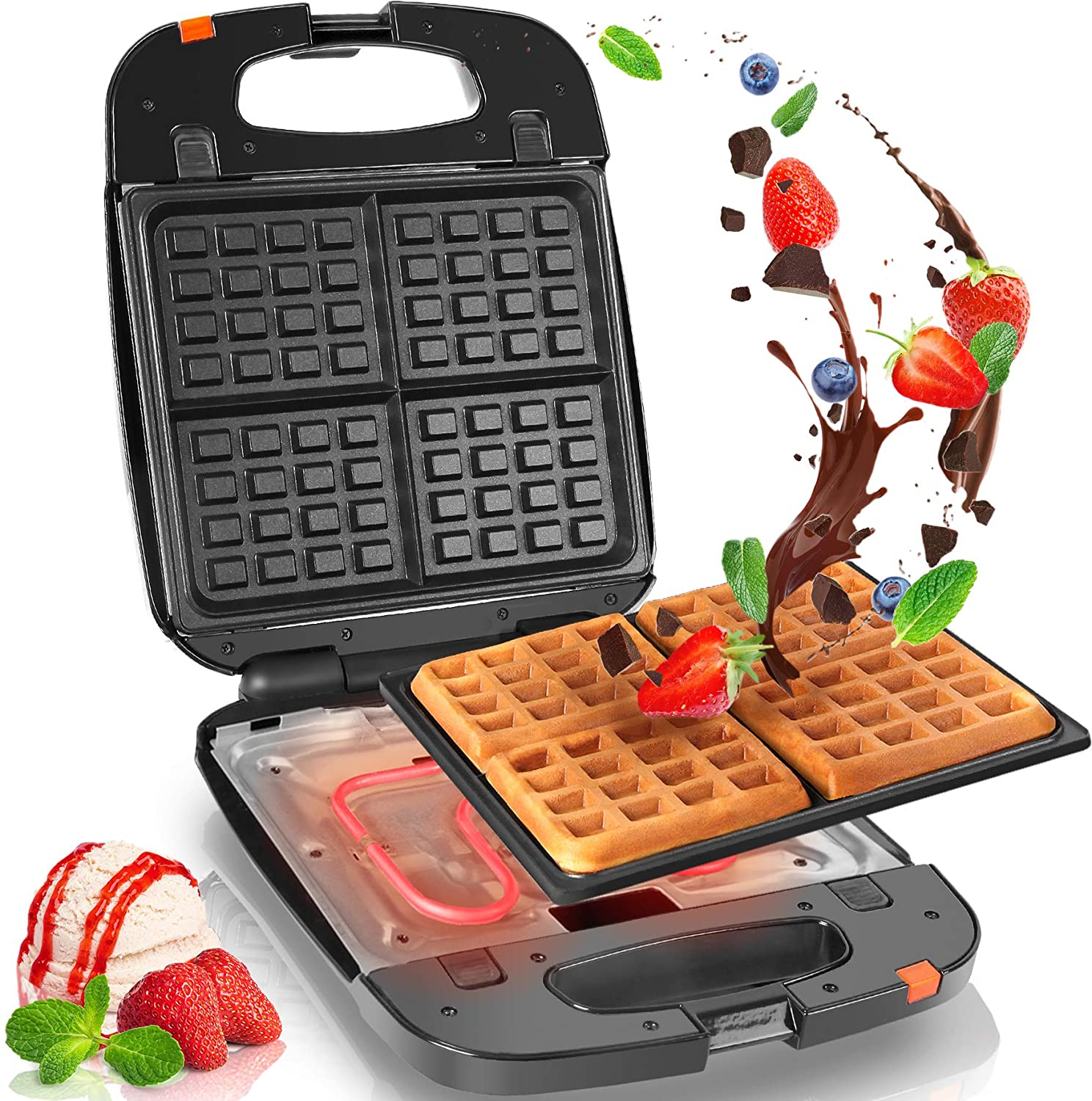 Duronic WM60 Piastra per Waffle | Macchina per 4 Waffle | Piastra per Cialde 1200W | Piastra di cottura antiaderente rimovibile | Controllato autimatico della temperatura | Piastra per Waffle Belga