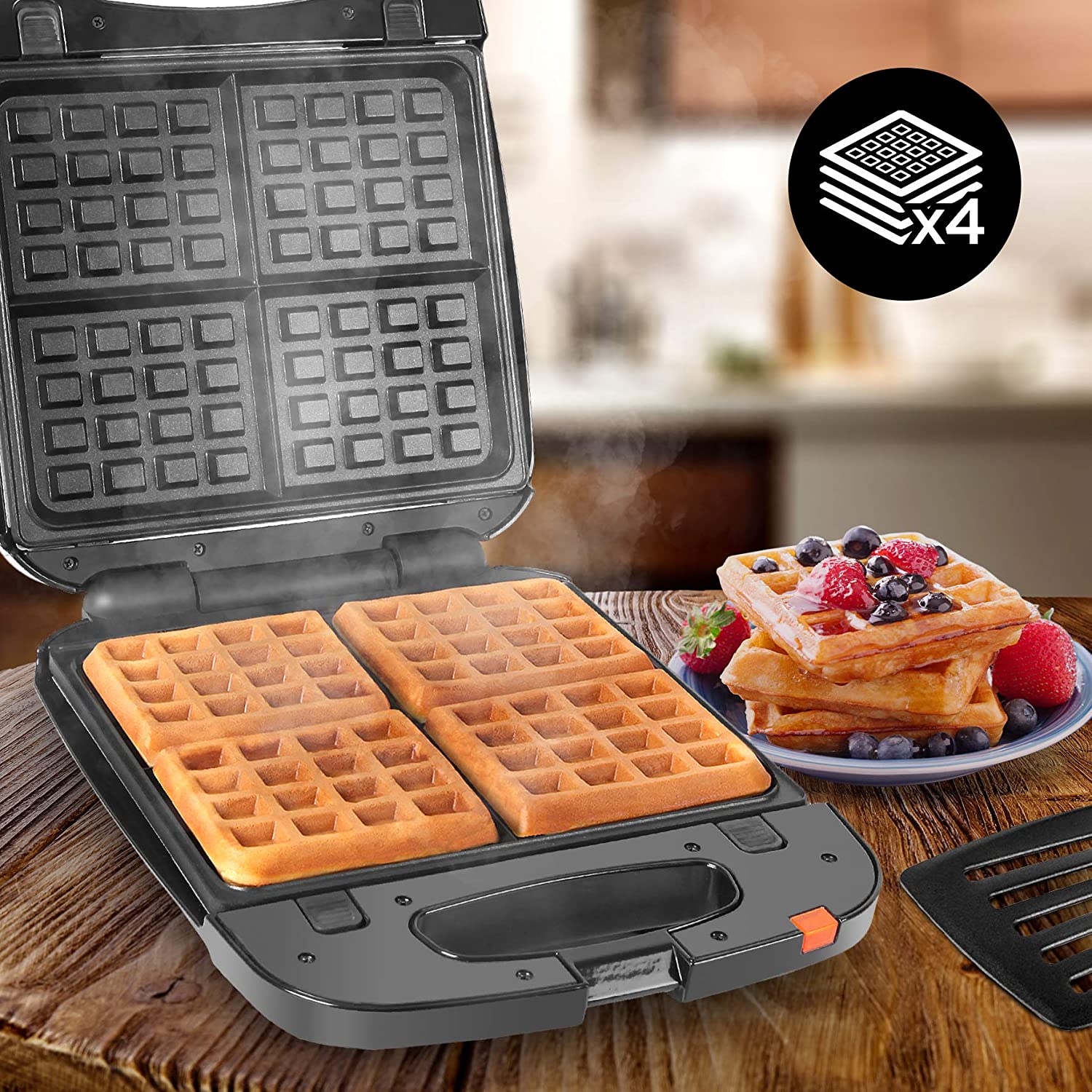 Duronic WM60 Piastra per Waffle | Macchina per 4 Waffle | Piastra per Cialde 1200W | Piastra di cottura antiaderente rimovibile | Controllato autimatico della temperatura | Piastra per Waffle Belga