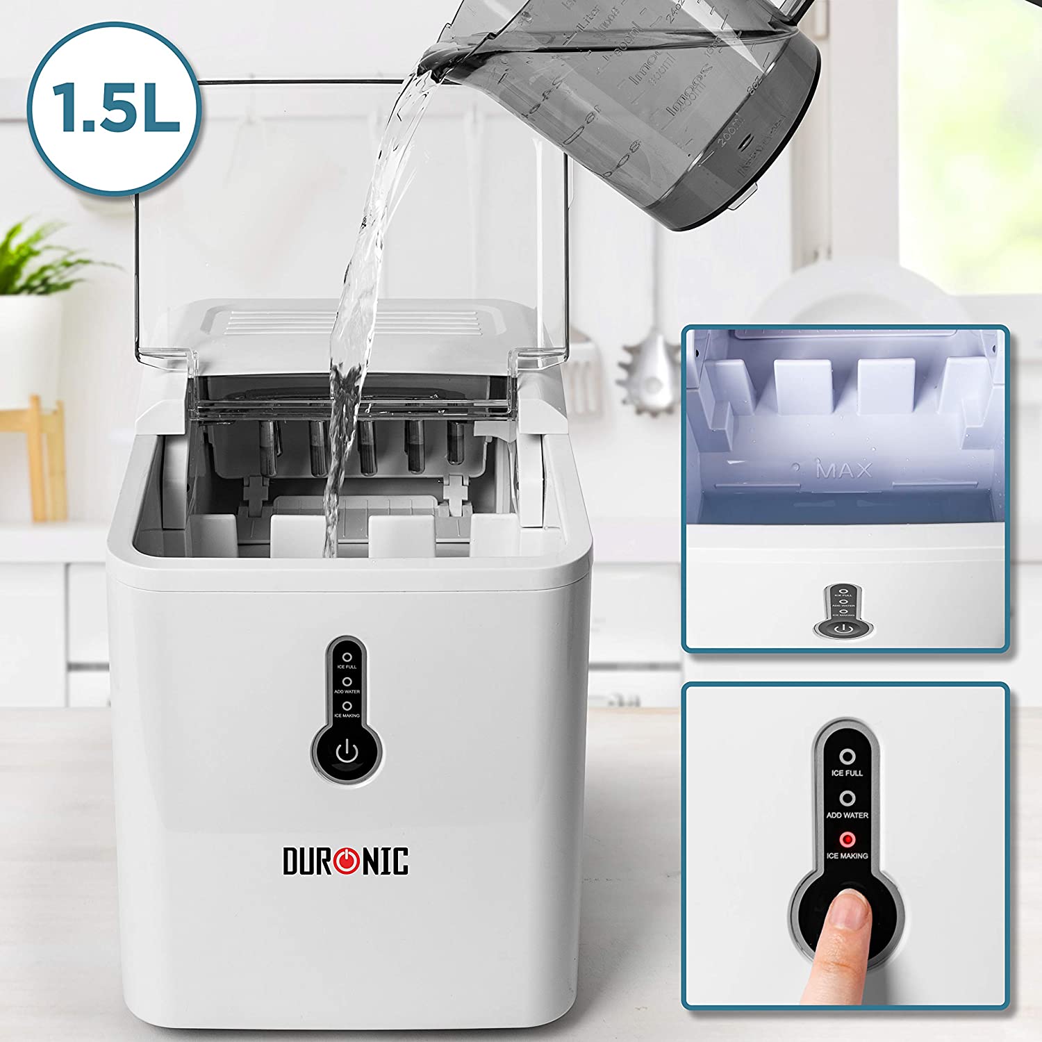 Duronic ICM120 Macchina per cubetti di ghiaccio 120W | 12 kg in 24h | Ghiaccio pronto in 7 min | Fabbricatore ghiaccio cestello 600 g | Serbatoio da 1,5 L l Paletta inclusa | Senza Impianto Idraulico