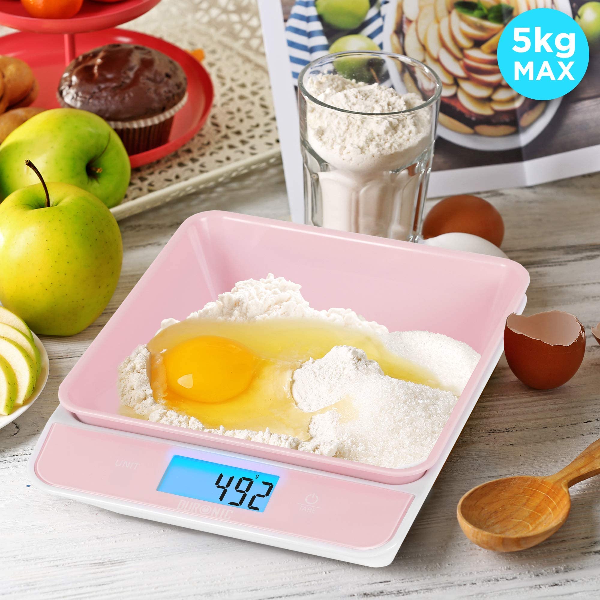 Duronic KS100 PK Bilancia da cucina - Bilancia ad alta precisione con display digitale retroilluminato - Portata 1g / 5 kg - Bilancia con ciotola integrata rosa da 1,2L - Funzione Tara
