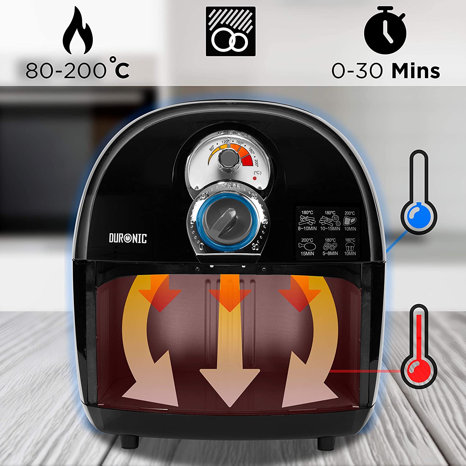 Duronic AF1 BK Friggitrice ad Aria 1500 W | Robot da cucina multifunzionale 4.5 L | Friggitrice senza olio | Fornetto elettrico ideale per friggere grigliare arrostire e cottura al forno