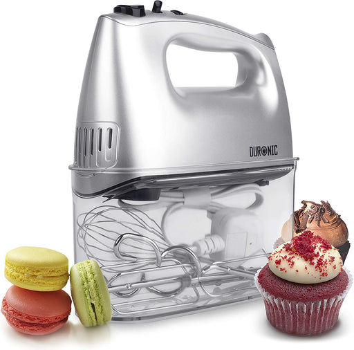 Duronic HM4 SR Sbattitore elettrico 400 W | 5 velocità e funzione turbo | Frusta elettrica con contenitore per accessori | 2 sbattitori 2 ganci e 1 frusta in acciaio INOX | Argento | Leggero