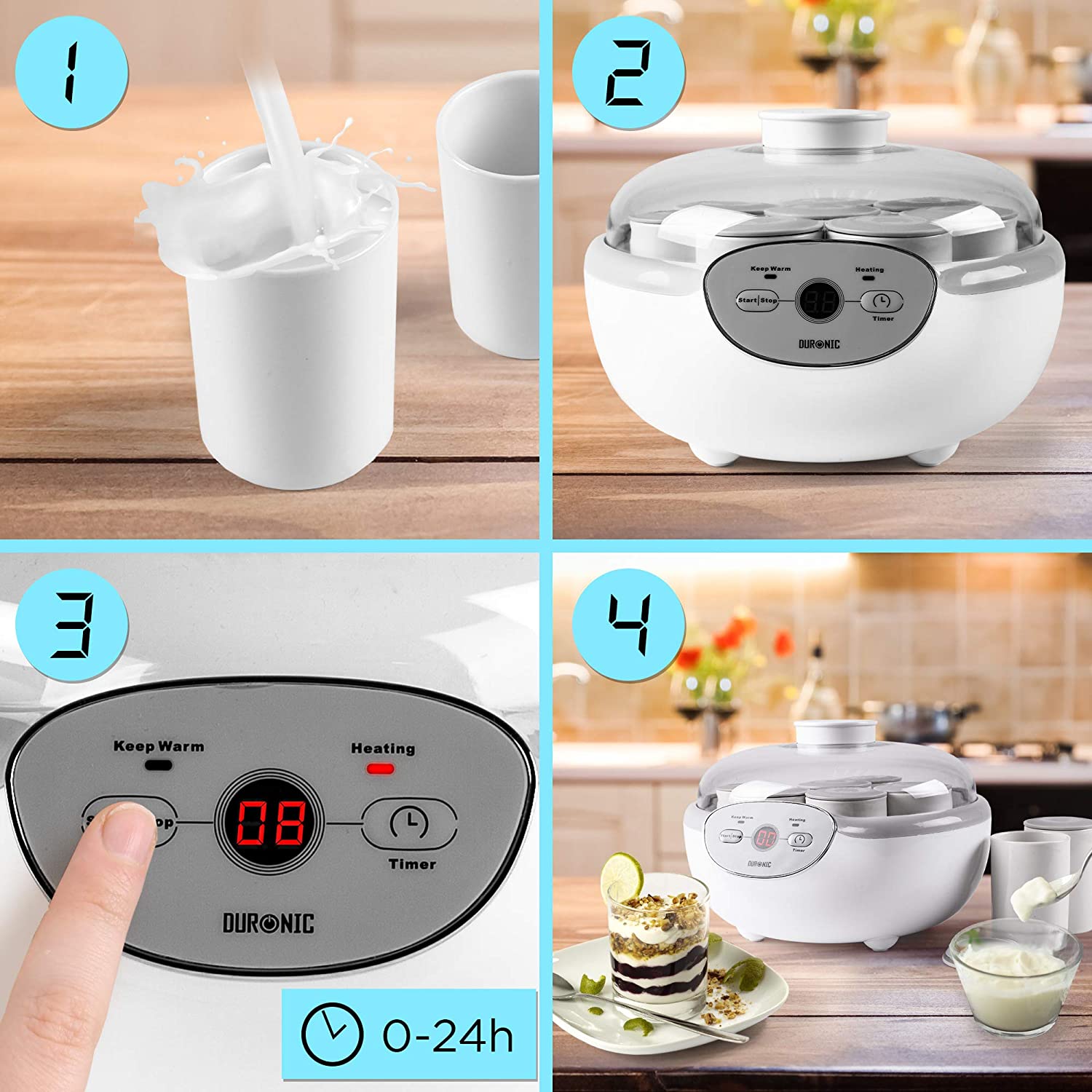 Duronic YM2 Yogurtiera elettrica automatica  8 vasetti in ceramica da 125 ml - Macchina per yogurt con display digitale timer impostabile - Ideale per preparare yogurt fatti in casa