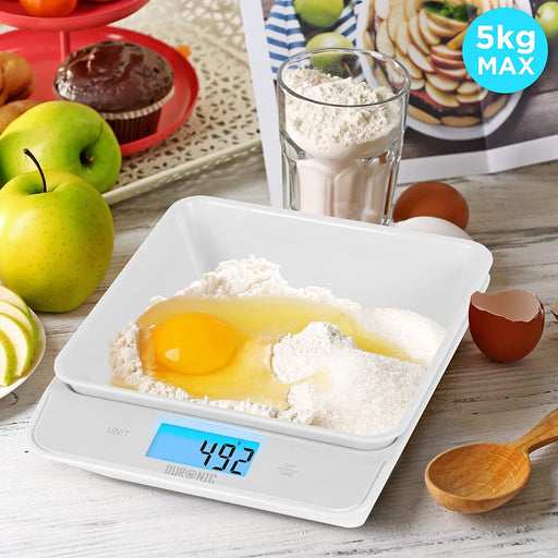 Duronic KS100 WH Bilancia da cucina - Bilancia ad alta precisione con display digitale retroilluminato - Portata 1g / 5 kg - Bilancia con ciotola integrata bianca da 1,2L - Funzione Tara