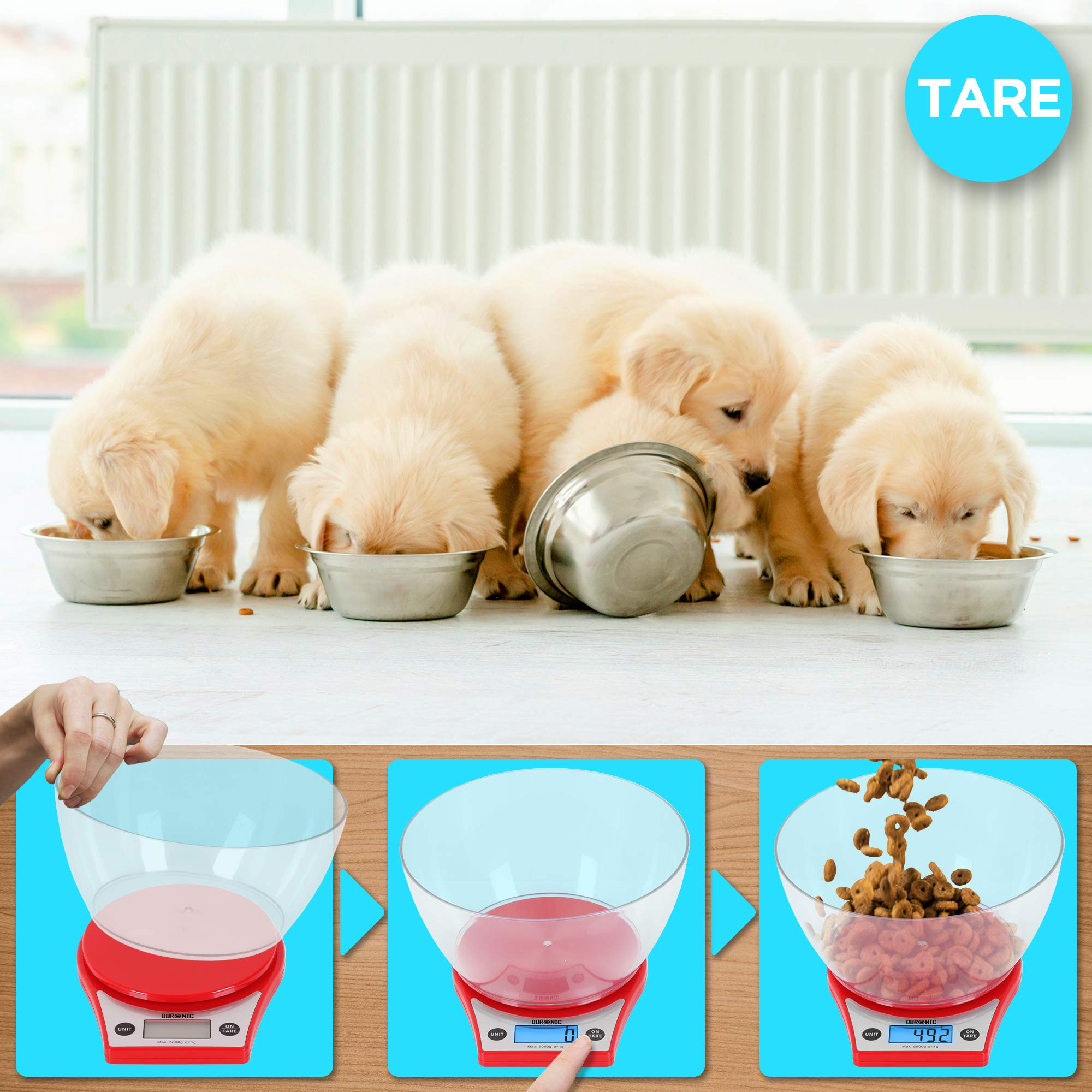 Duronic KS6000 RD Bilancia da cucina - Bilancia ad alta precisione con display digitale retro illuminato - Portata 1g / 5 kg con ciotola da 2L - Piattaforma nera - Funzione Tara