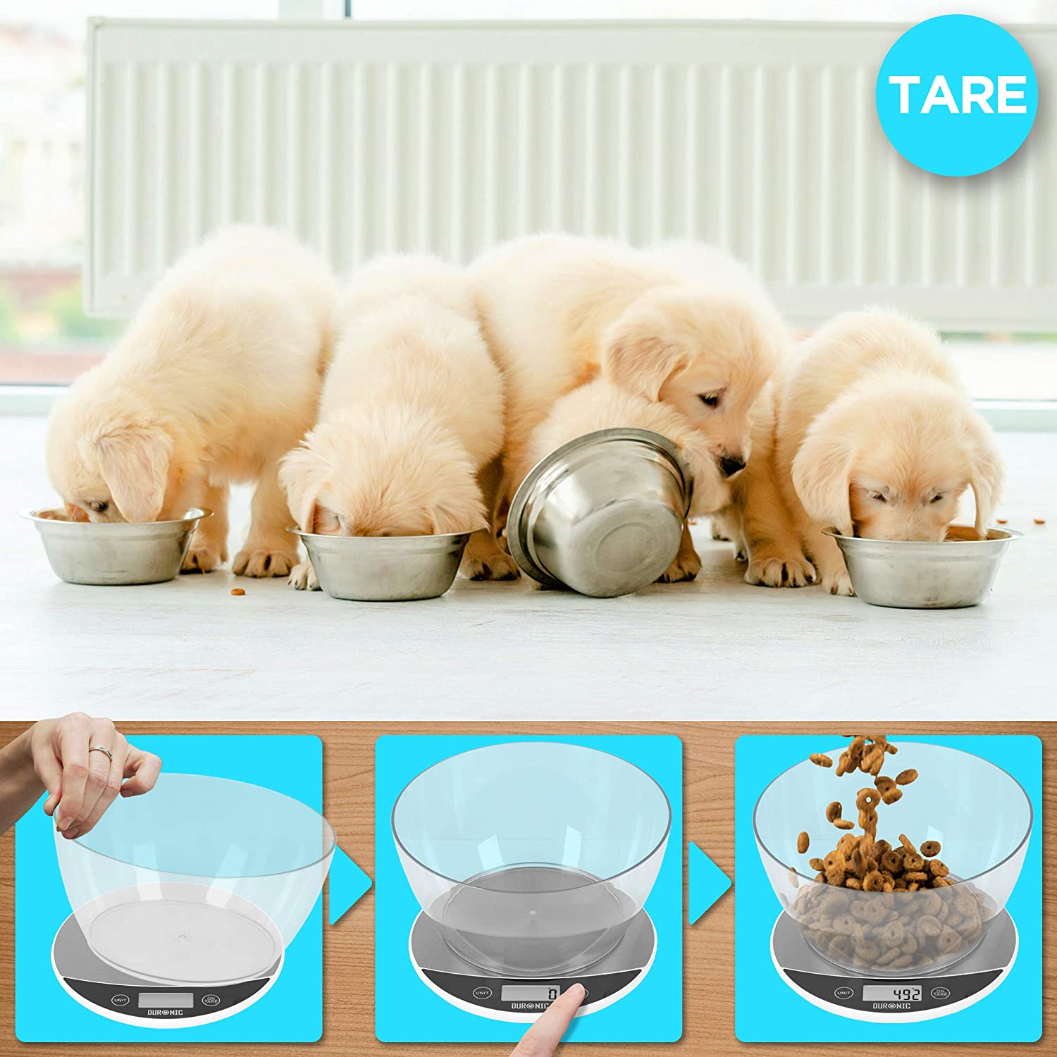 Duronic KS3000 Bilancia da cucina display digitale - Bilancia ad alta precisione - Portata 1g / 5 kg con ciotola da 2L - Piattaforma argento e bianca - Funzione Tara - Per cucina e pasticceria