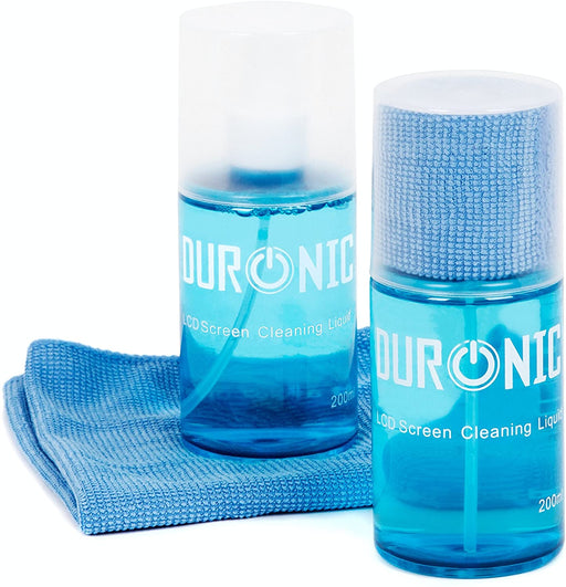 Duronic SCK102 Kit di pulizia - 2 Flaconi da 200ml con panno in microfibra - Detergente liquido PH neutro per monitor TV PC smartphone - Non lascia aloni o macchie