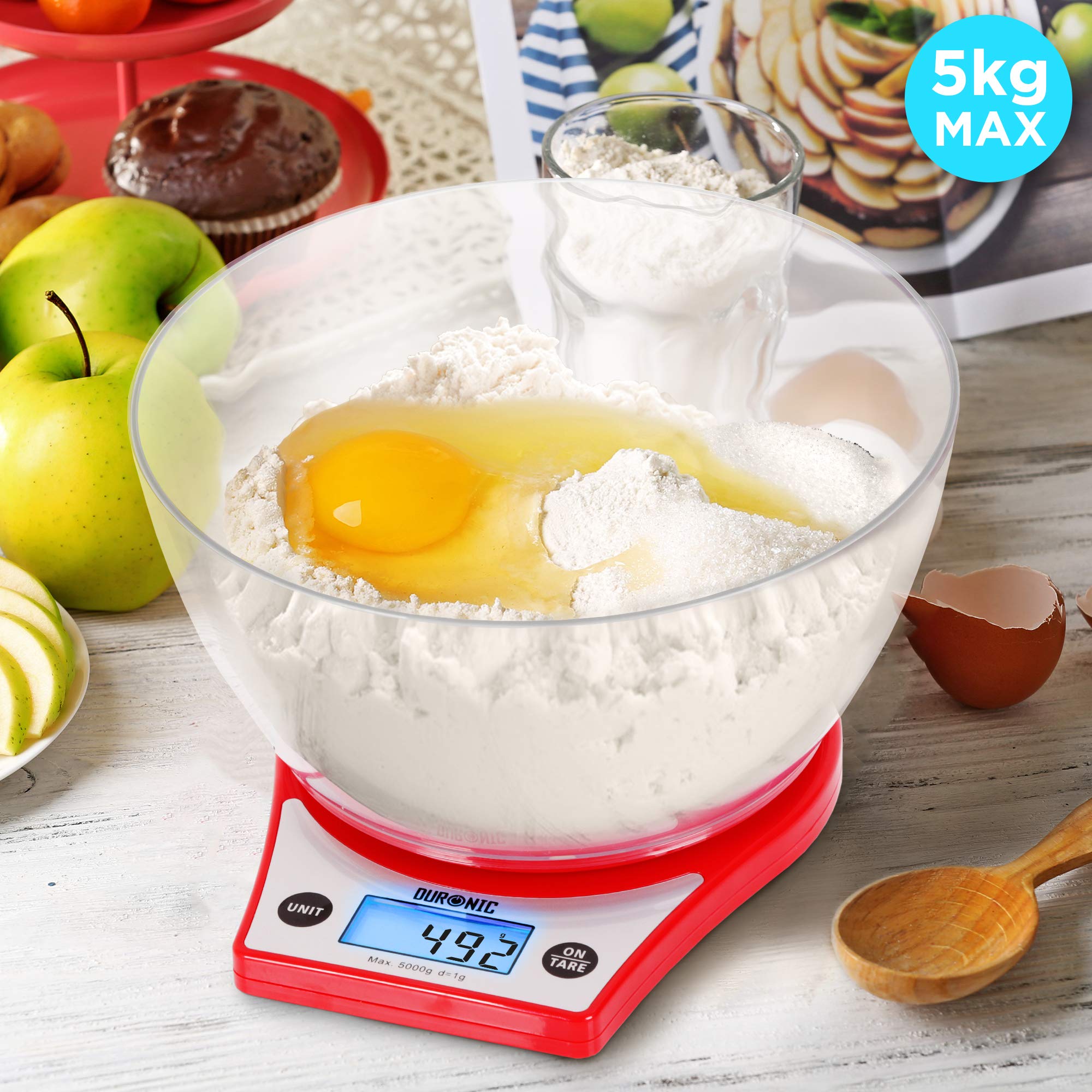 Duronic KS6000 RD Bilancia da cucina - Bilancia ad alta precisione con display digitale retro illuminato - Portata 1g / 5 kg con ciotola da 2L - Piattaforma nera - Funzione Tara