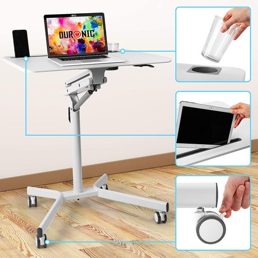 Duronic WPS57 Supporto proiettore e scrivania ergonomica | Altezza regolabile | Piattaforma 70x52 cm | Capacità 10 kg | Tavolo multiuso su ruote | Scrivania con portabicchieri e supporto per tablet