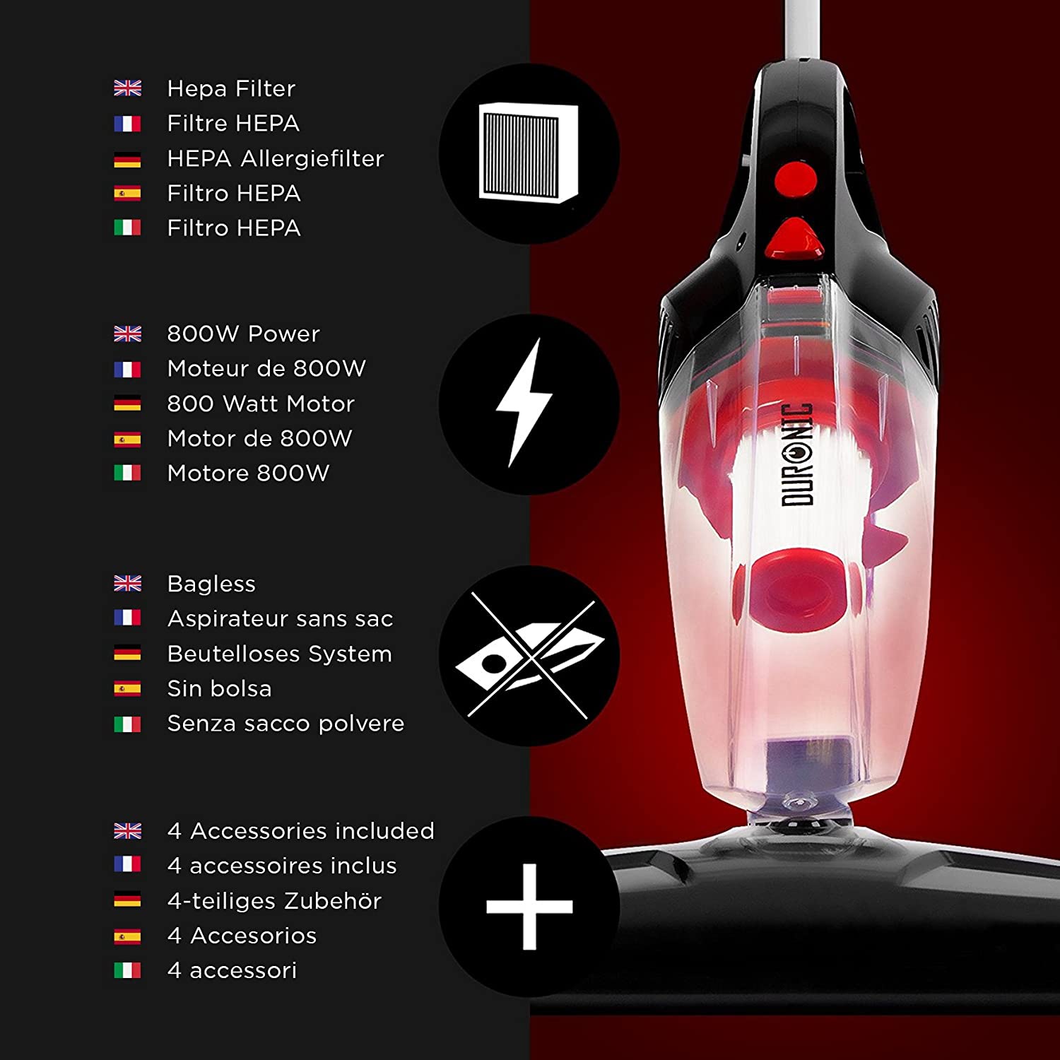 Duronic VC8 BK Scopa Elettrica 800W – Aspirapolvere e aspirabriciole senza sacco con filtro HEPA – Accessori inclusi – Ideale per ufficio e casa